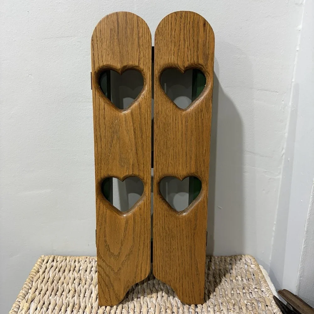 Vtg Wood Wall Shelf Shutter Doors Heart Peg Hooks 18